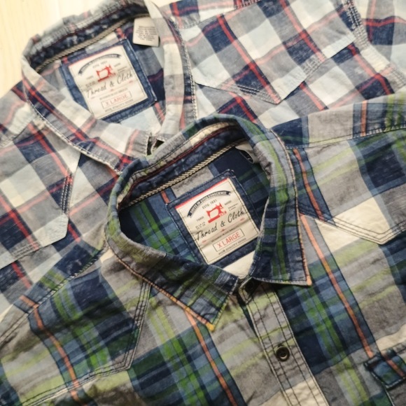 2 Thread & Cloth Plaid Cotton Shirts Men's XL Blue Green Button Up Sleeve Collar - Picture 1 of 15